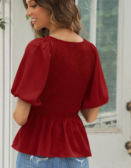 Load image into Gallery viewer, Smocked Balloon Sleeve Peplum Blouse
