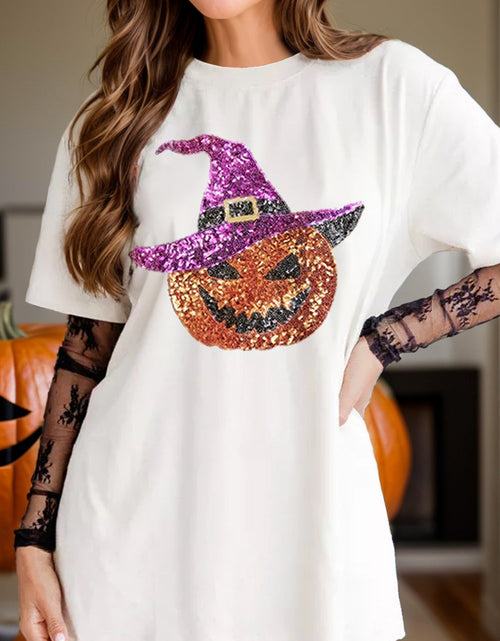 Load image into Gallery viewer, Sequin Pumpkin Round Neck Short Sleeve T-Shirt
