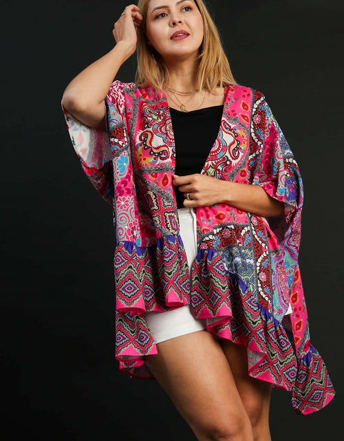 Load image into Gallery viewer, Umgee Full Size Mixed Print Ruffle Hem Open Front Cover Up Plus Size
