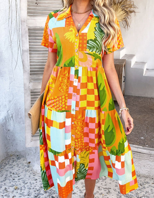 Load image into Gallery viewer, Devine Printed Johnny Collar Button Down Short Sleeve Midi Shirt Dress
