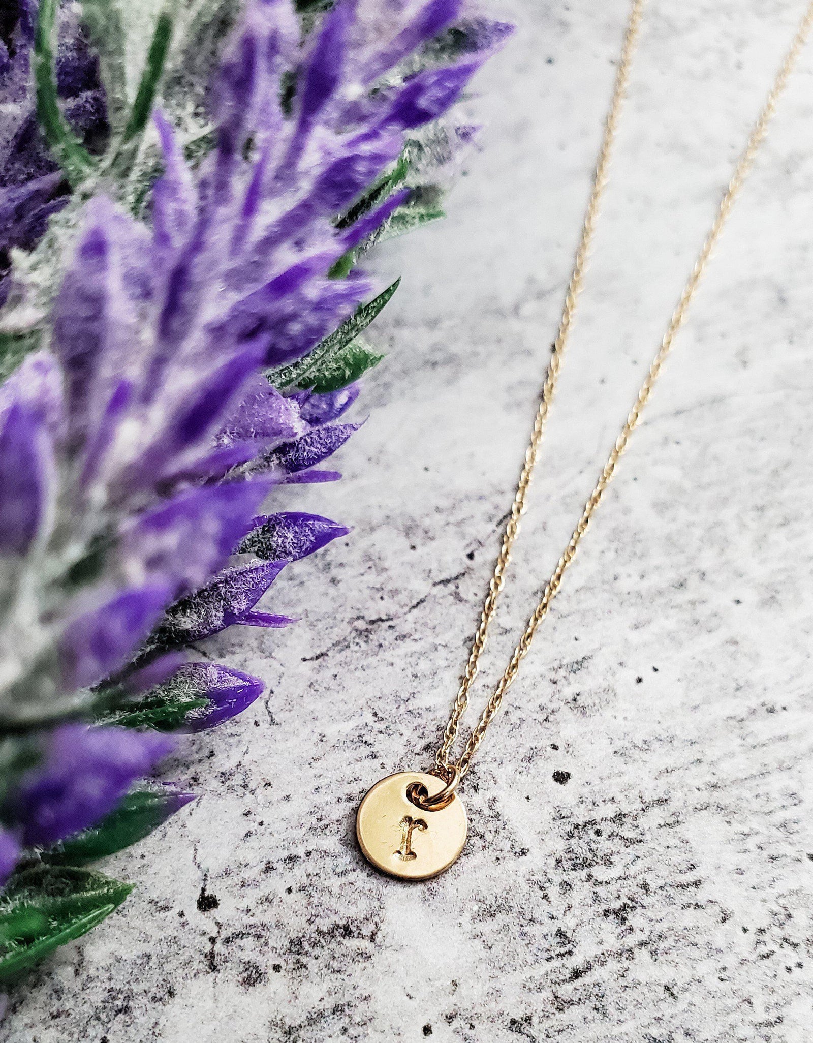 14k Gold Dainty Initial Disc Necklace by Salt and Sparkle