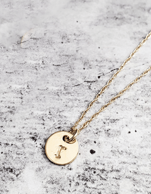 Load image into Gallery viewer, 14k Gold Dainty Initial Disc Necklace by Salt and Sparkle
