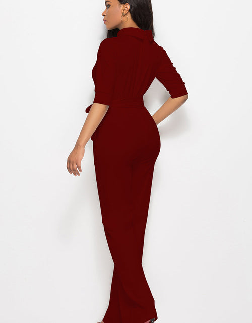 Load image into Gallery viewer, Mock Neck Tie-Waist Half Sleeve Jumpsuit
