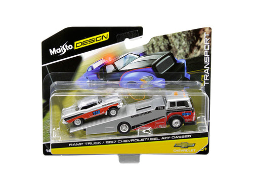 Load image into Gallery viewer, 1957 Chevrolet Bel Air Gasser #786 Silver and Red with Ramp Tow Truck "Elite Transport" 1/64 Diecast Models by Maisto
