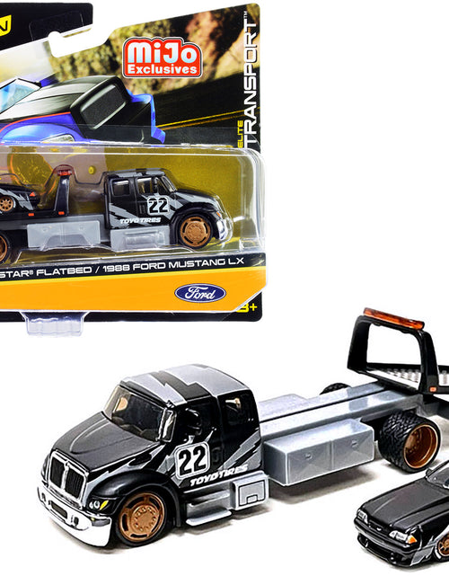 Load image into Gallery viewer, International DuraStar Flatbed Truck #22 and 1988 Ford Mustang LX #22 Matt Black with Gray Graphics "Toyo Tires" "Elite Transport" Series 1/64 Diecast Models by Maisto
