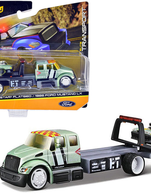 Load image into Gallery viewer, International DuraStar Flatbed Truck #17 and 1988 Ford Mustang LX #17 Light Green Metallic with Stripes and Graphics "Elite Transport" Series 1/64 Diecast Models by Maisto
