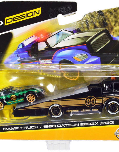 Load image into Gallery viewer, Ramp Truck #80 Dark Gray Metallic with Gold Metallic Stripes "JDM Garage" and 1980 Datsun 280ZX (S130) #80 Green Metallic with Stripes "Elite Transport" Series 1/64 Diecast Models by Maisto
