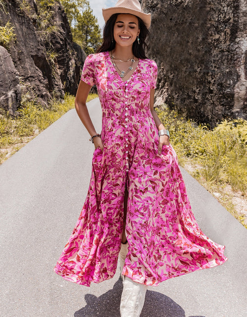 Load image into Gallery viewer, Floral V-Neck Slit Dress
