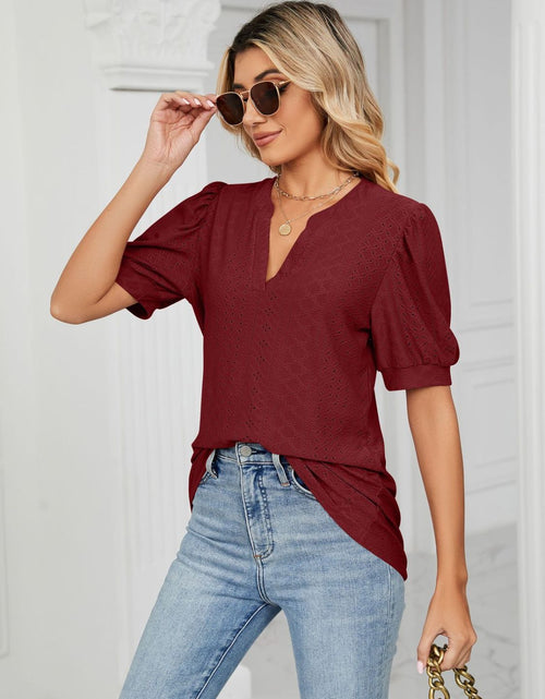 Load image into Gallery viewer, Florira Eyelet Notched Short Sleeve T-Shirt
