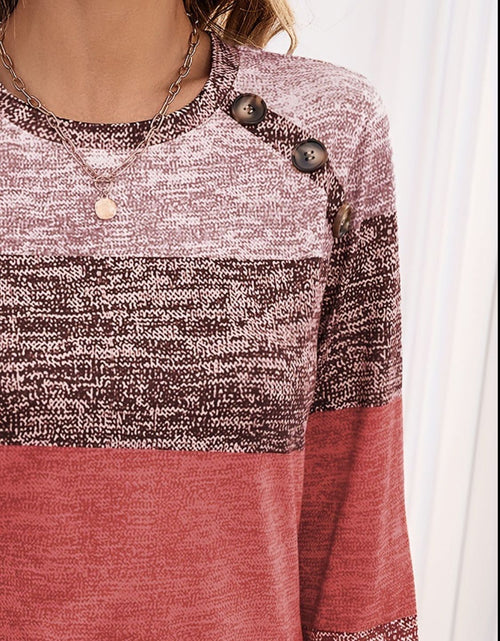 Load image into Gallery viewer, Decorative Button Contrast Round Neck Long Sleeve T-Shirt

