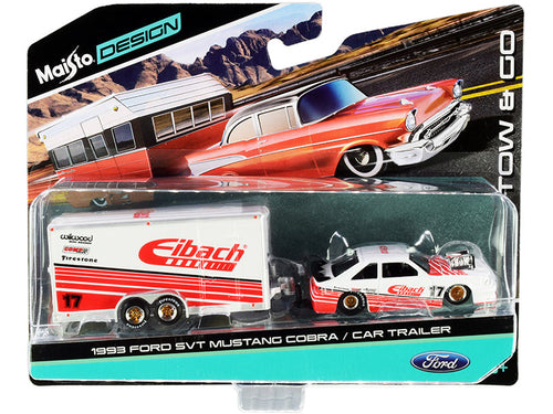 Load image into Gallery viewer, 1993 Ford SVT Mustang Cobra #17 with Enclosed Car Trailer "Eibach" White with Red Stripes "Tow &amp; Go" Series 1/64 Diecast Model Cars by Maisto
