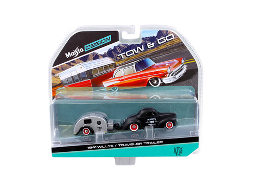 Load image into Gallery viewer, 1941 Willys Matt Black and Traveler Trailer Tow &amp; Go 1/64 Diecast Model by Maisto
