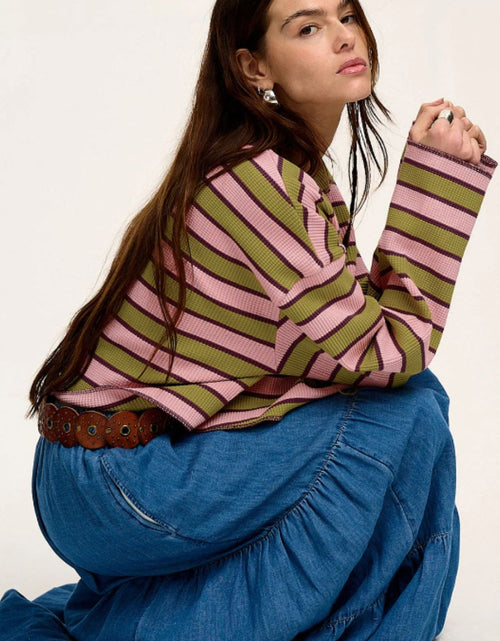Load image into Gallery viewer, Striped Notched Long Sleeve T-Shirt
