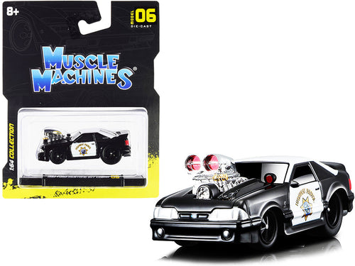 Load image into Gallery viewer, 1993 Ford Mustang SVT Cobra CHP "California Highway Patrol" Black and White 1/64 Diecast Model Car by Muscle Machines
