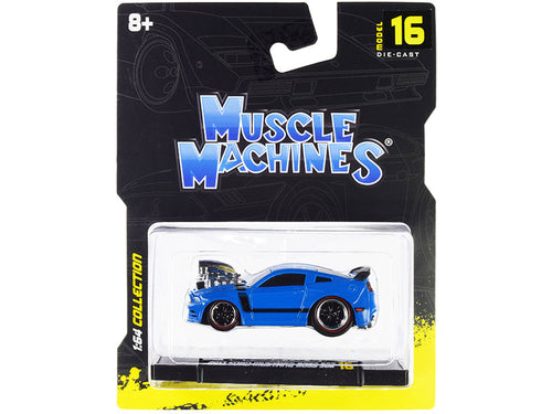 Load image into Gallery viewer, 2013 Ford Mustang Boss 302 Light Blue with Black Stripes 1/64 Diecast Model Car by Muscle Machines
