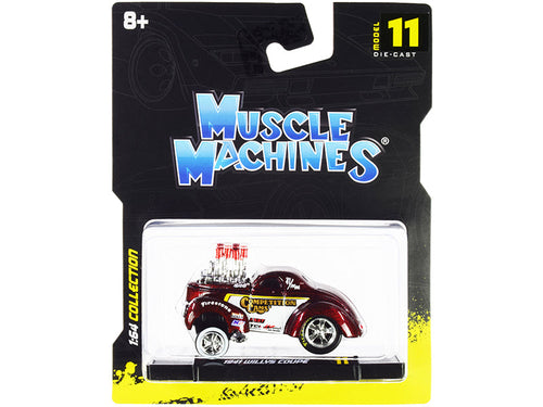 Load image into Gallery viewer, 1941 Willys Coupe Gasser "Competition Cams" Red Metallic and White 1/64 Diecast Model Car by Muscle Machines
