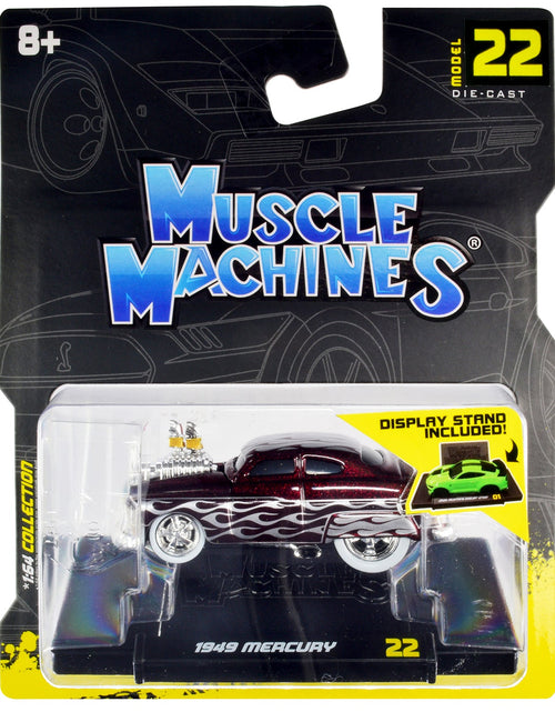 Load image into Gallery viewer, 1949 Mercury Custom Coupe Dark Red Metallic with Flames 1/64 Diecast Model Car by Muscle Machines
