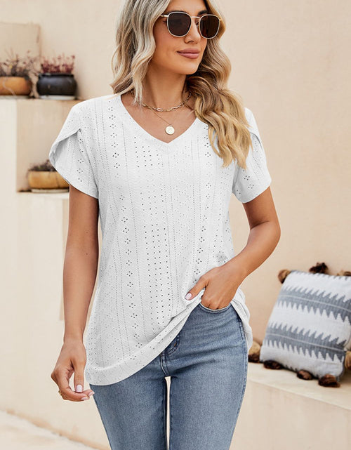 Load image into Gallery viewer, Eyelet Petal Sleeve V-Neck Knit Top
