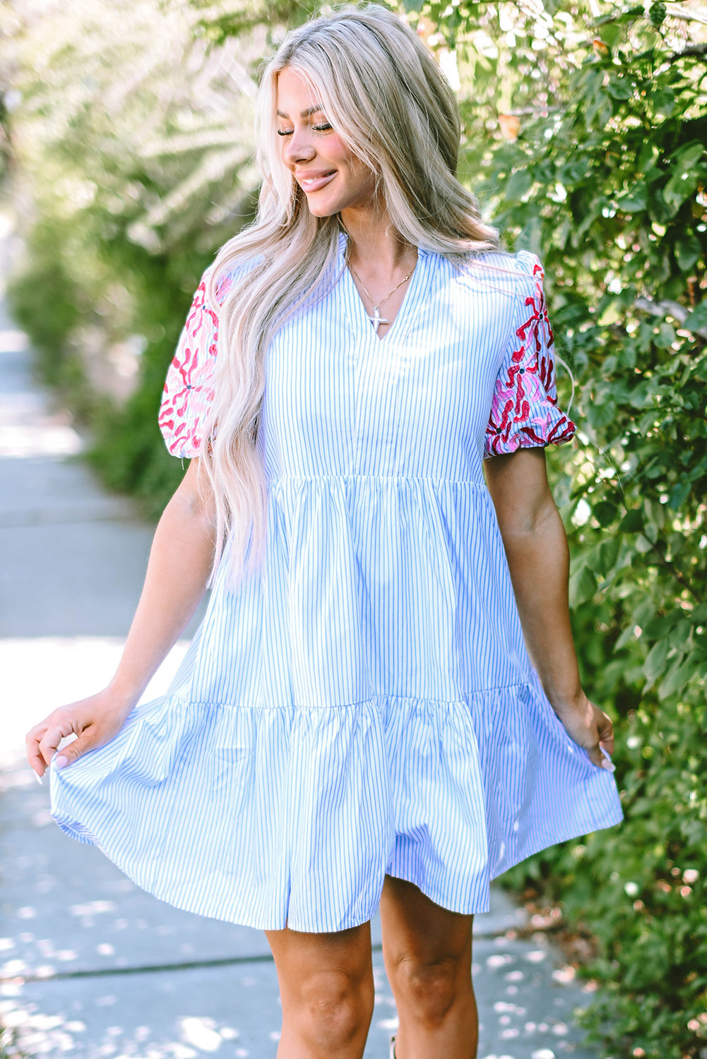 Stripe Contrast Floral Puff Sleeve Tiered Ruffle Dress by Poppy Lee Lane