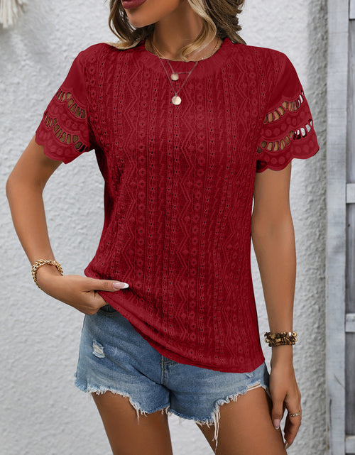 Load image into Gallery viewer, Full Size Eyelet Round Neck Short Sleeve Top
