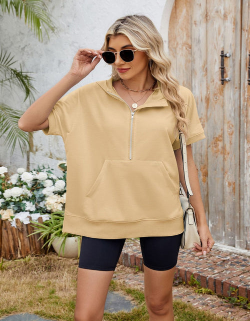 Load image into Gallery viewer, Half Zip Short Sleeve Hooded Top
