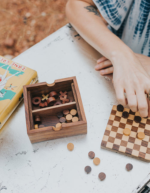 Load image into Gallery viewer, Checkers and Tic Tac Toe Game Set - Handcrafted Wood by Matr Boomie

