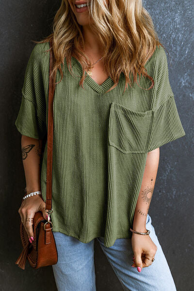 Load image into Gallery viewer, Textured V-Neck Dropped Shoulder T-Shirt

