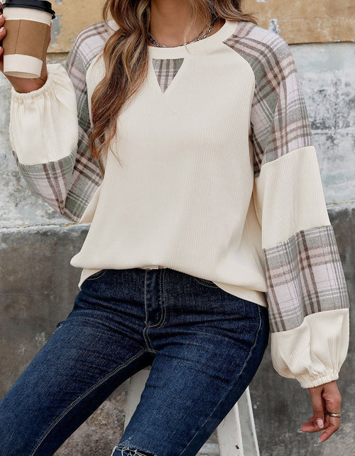 Load image into Gallery viewer, Perfee Plaid Round Neck Long Sleeve Sweatshirt
