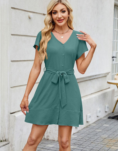 Load image into Gallery viewer, Tied Button Up Short Sleeve Mini Shirt Dress
