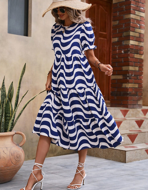 Load image into Gallery viewer, Wavy Striped Round Neck Short Sleeve Dress
