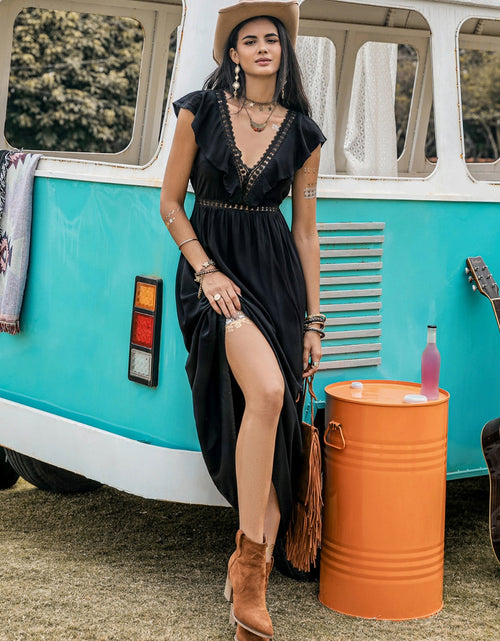 Load image into Gallery viewer, Lace Detail Plunge Cap Sleeve Midi Dress
