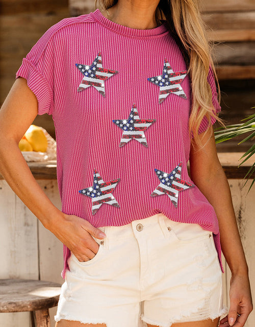 Load image into Gallery viewer, Exposed Seam Star Round Neck Short Sleeve Top
