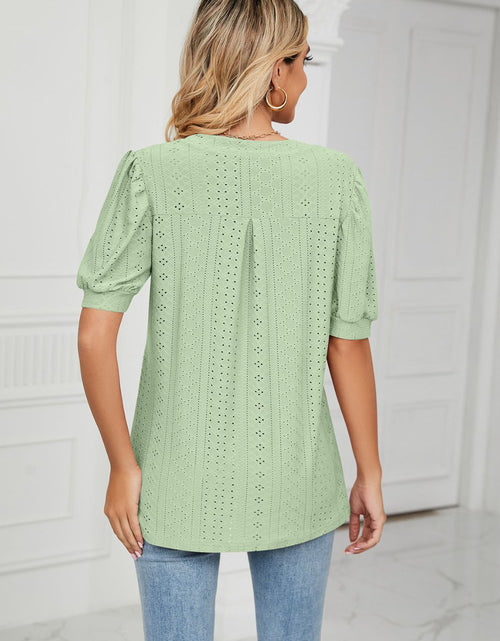 Load image into Gallery viewer, Eyelet Short Puff Sleeve Notched Neck Top
