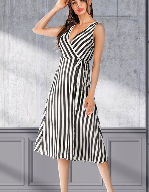 Load image into Gallery viewer, Striped Surplice Tied Sleeveless Dress
