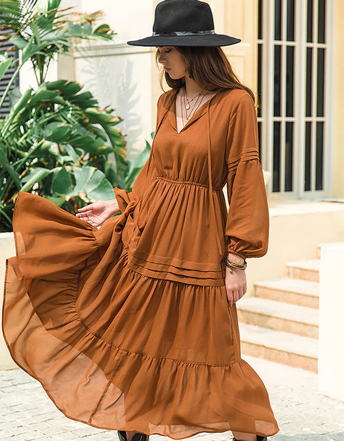 Load image into Gallery viewer, Tie Neck Long Sleeve Midi Tiered Dress
