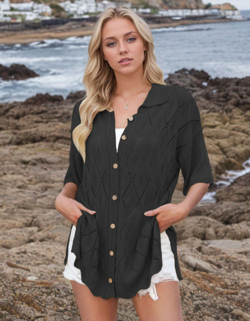 Load image into Gallery viewer, Button Down Eyelet Collared Neck Knit Shirt
