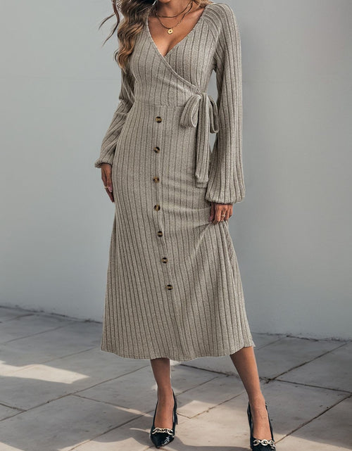 Load image into Gallery viewer, Perfee Ribbed Tied Surplice Long Sleeve Dress
