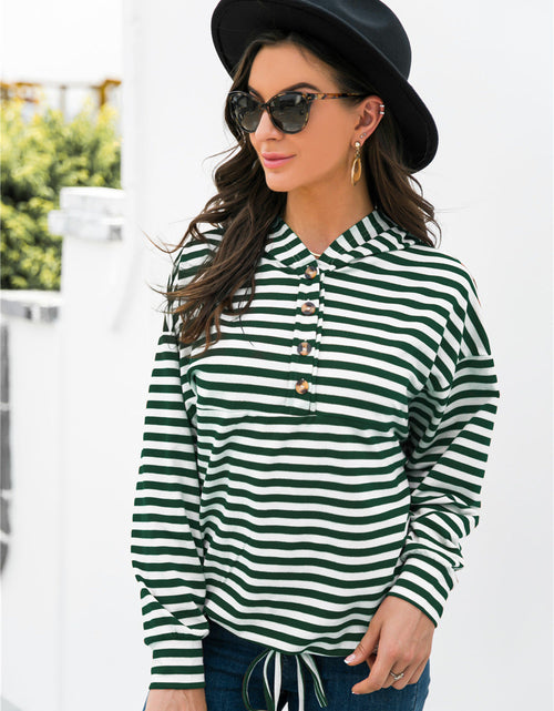Load image into Gallery viewer, Striped Half-Button Dropped Shoulder Hoodie
