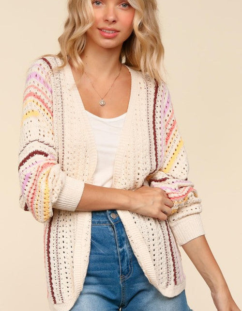 Load image into Gallery viewer, Haptics Full Size Striped Crochet Open Front Cardigan
