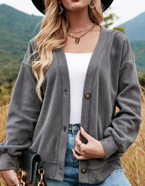 Load image into Gallery viewer, Shiny Button Down V-Neck Dropped Shoulder Jacket
