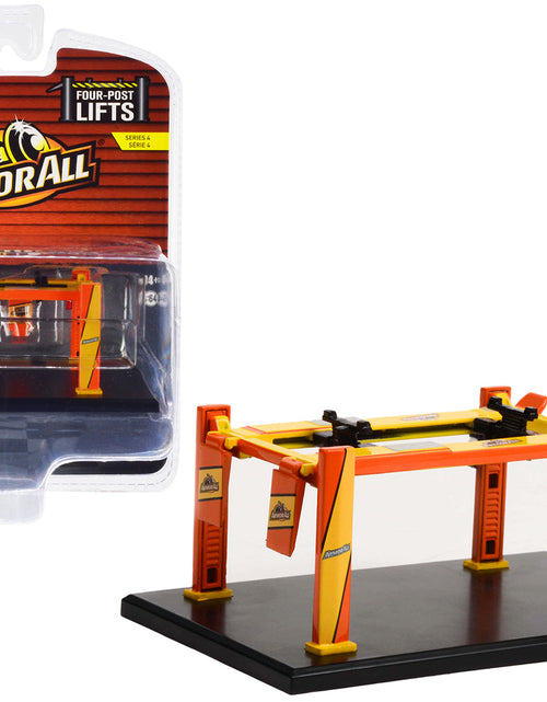 Load image into Gallery viewer, Adjustable Four-Post Lift "ArmorAll" Orange and Yellow "Four-Post Lifts" Series 4 1/64 Diecast Model by Greenlight
