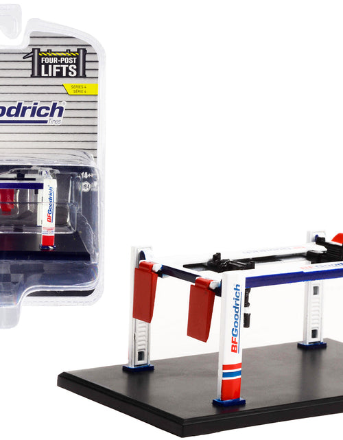Load image into Gallery viewer, Adjustable Four-Post Lift "BFGoodrich" White and Red "Four-Post Lifts" "Four-Post Lifts" Series 4 1/64 Diecast Model by Greenlight
