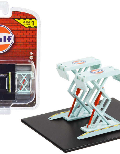 Load image into Gallery viewer, Automotive Double Scissor Lift "Gulf Oil" Light Blue "Double Scissor Lifts" Series 1 1/64 Diecast Model by Greenlight
