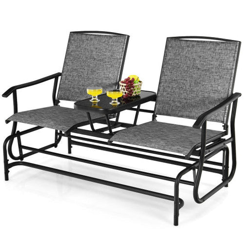 Load image into Gallery viewer, 2-Person Double Rocking Loveseat with Mesh Fabric and Center Tempered Glass Table-Gray

