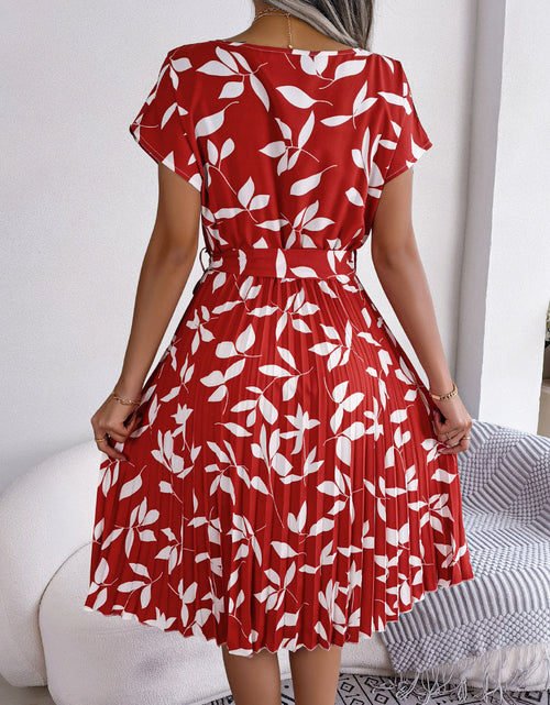 Load image into Gallery viewer, Printed Round Neck Short Sleeve Pleated Dress
