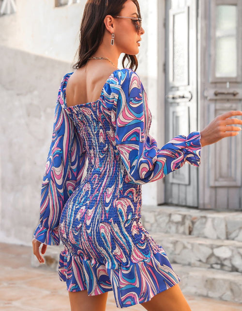 Load image into Gallery viewer, Abstract Print Square Neck Smocked Dress
