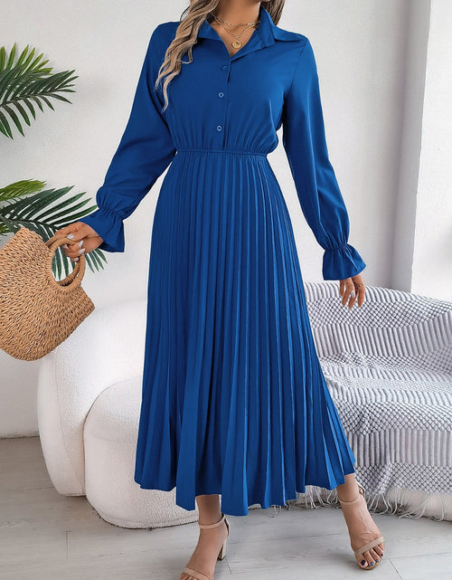 Load image into Gallery viewer, Pleated Half Button Long Sleeve Midi Dress

