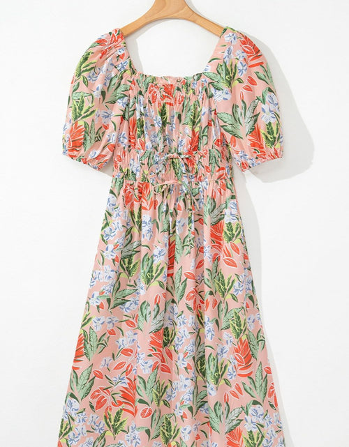 Load image into Gallery viewer, Floral Smocked Square Neck Puff Short Sleeve Midi Dress
