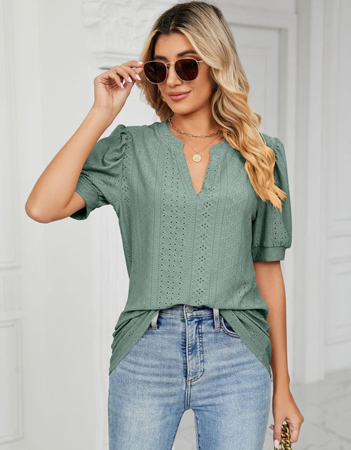 Load image into Gallery viewer, Florira Eyelet Notched Short Sleeve T-Shirt
