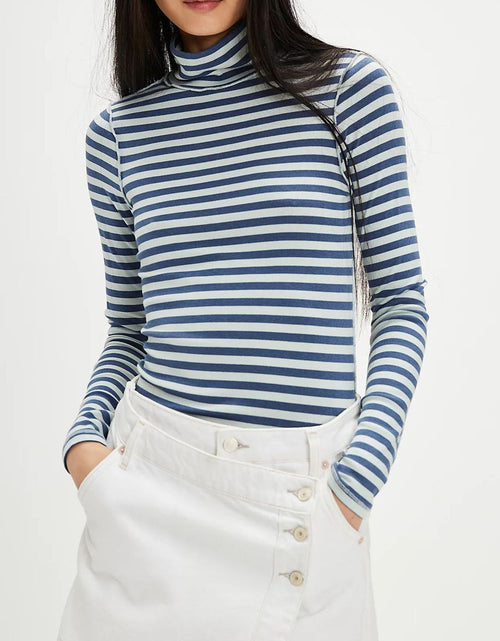 Load image into Gallery viewer, Exposed Seam Striped Turtleneck Long Sleeve T-Shirt
